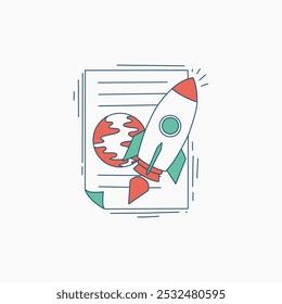 A stylized illustration of a rocket launching from a document with a planet in the background.