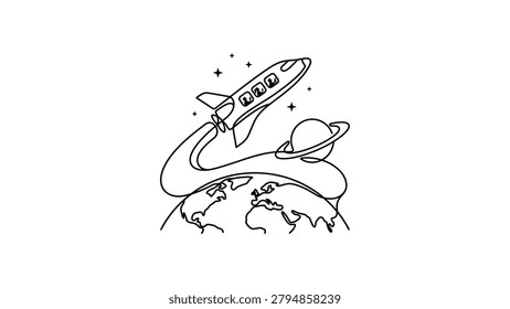 A stylized illustration of a rocket ship ascending from the planet Earth, traversing through space towards distant planets and stars, symbolizing exploration and journey.
