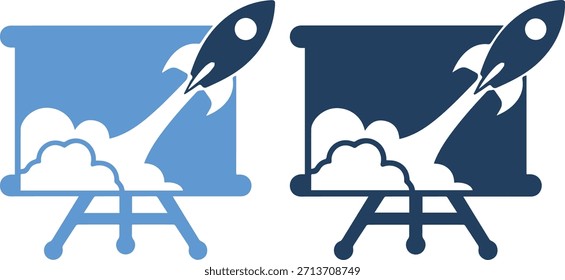 Uma ilustração estilizada de um foguete em um cavalete com nuvens no fundo, apresentado em ambas as versões azul claro e azul escuro em um fundo branco puro.