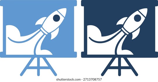 Uma ilustração estilizada de um foguete em um cavalete, apresentado em ambas as versões azul claro e azul escuro em um fundo branco puro sem nuvens.