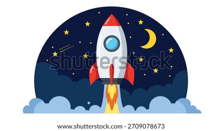 A stylized illustration of a rocket ship with red fins and a blue window, ascending through clouds with fiery exhaust against a dark blue night sky filled with stars and a crescent moon.
