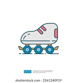 A stylized illustration of a roller skate featuring a gray boot with red accents and four blue wheels, representing leisure and sports activities.