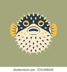 Stylized illustration of a round puffer fish viewed from the front with spikes fins and patterned markings.
