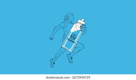 Eine stilisierte Illustration eines Läufers, der eine große Sportgetränkflasche trägt und Athletik und Feuchtigkeit in einem minimalistischen Design betont.