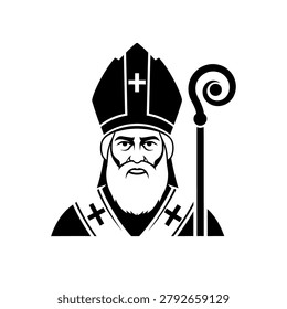 Stylized illustration of Saint Patrick wearing a mitre and holding a staff, with a prominent beard.