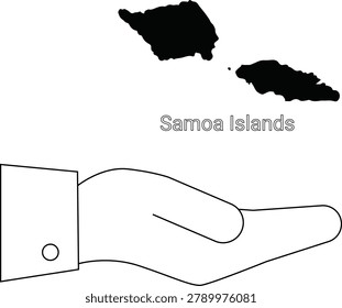 A stylized illustration of the Samoa Islands map presented within an open hand, symbolizing care or presentation.