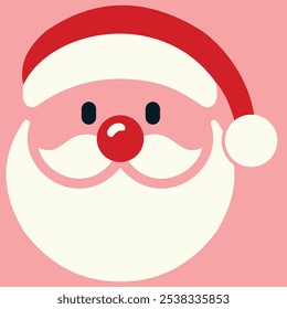 Stylized illustration of Santa Claus’s face. It features a red and white hat, round red nose, black eyes, white mustache, and beard, all set against a pink background.