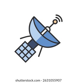 Stylized illustration of a satellite dish with signal waves. Flat design, uses shades of blue on White.