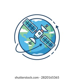 A stylized illustration of a satellite with solar panels and an antenna orbiting a cartoonish planet Earth