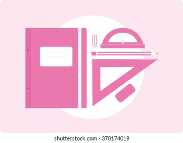 Stylized illustration of school supplies on a pink background.
