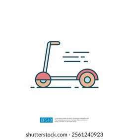 A stylized illustration of a scooter, depicted with motion lines to suggest speed and mobility. The design is simple and colorful, emphasizing leisure and transport.