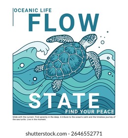 Uma ilustração estilizada de uma tartaruga marinha deslizando graciosamente pelas ondas do oceano evoca um senso de paz e serenidade. Ideal para promover a atenção relaxante ou produtos com temática oceânica.