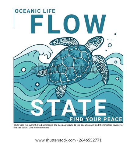 A stylized illustration of a sea turtle gracefully gliding through ocean waves evokes a sense of peace and serenity. Ideal for promoting relaxation mindfulness or ocean-themed products.