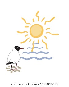 Stylized illustration. A seagull stands on a pebble, in front of it is the sea and the sun