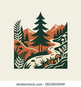 A stylized illustration of a serene forest with winding river
