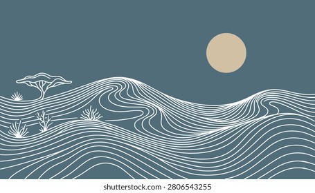 Stylized illustration of a serene landscape with rolling hills, a lone acacia tree, and sparse bushes under a large, pale sun.