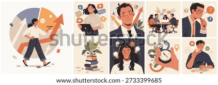 Stylized illustration צור illustration set showing personal growth, productivity, decision making, teamwork, learning, and business progress through modern lifestyle scenes.