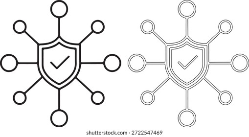 Eine stilisierte Illustration eines Schilds mit einem von Netzwerkverbindungen umgebenen Häkchen, das in einem fetten und dynamischen Stil auf rein weißem Hintergrund präsentiert wird.