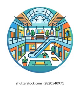 A stylized illustration of a shopping mall interior featuring an escalator, storefronts, and potted plants, all within a circular frame.