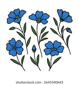 Uma ilustração estilizada mostra flores, botões e folhas de linho azul, dispostos em uma composição circular contra um fundo branco.