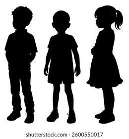 A stylized illustration showcases the dark silhouettes of three young children against a clean, white background. A boy stands with his hands casually tucked into his pockets