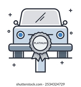 Stylized illustration showing the front of a car with a platinum award badge. Concept of excellence, achievement, and premium quality in automotive industry.