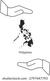 A stylized illustration showing the map of the Philippines cradled between two open hands, symbolizing protection and care.