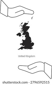 A stylized illustration showing the map of the United Kingdom enclosed by two open hands, symbolizing protection and care.