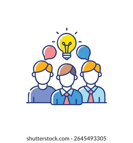 Stylized illustration showing three people with a lightbulb above them signifying teamwork and idea generation. Flat and colorful design.