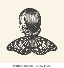 A stylized illustration shows the back of a woman's head, with her braided hair merging into intricate butterfly wings, rendered in a bold monochrome graphic style.
