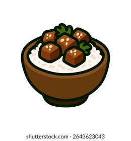 Uma ilustração estilizada mostra uma tigela de arroz coberta com cubos de guisado marrom e decorada com salsa.  A imagem é apresentada a partir de uma perspectiva de três quartos.