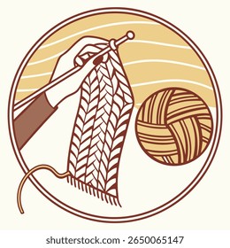 A stylized illustration shows hands knitting a scarf with a ball of yarn in a circle.