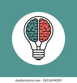 A stylized illustration shows a lightbulb containing a two-toned brain teal and red against a teal background