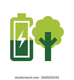 A stylized illustration shows a partially charged battery next to a simple tree, symbolizing renewable energy and environmental sustainability.