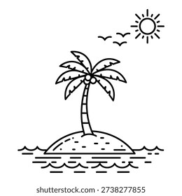 A stylized illustration shows a single palm tree growing on a small sandy island in the middle of calm ocean waves with a bright sun shining above and a few birds flying nearby