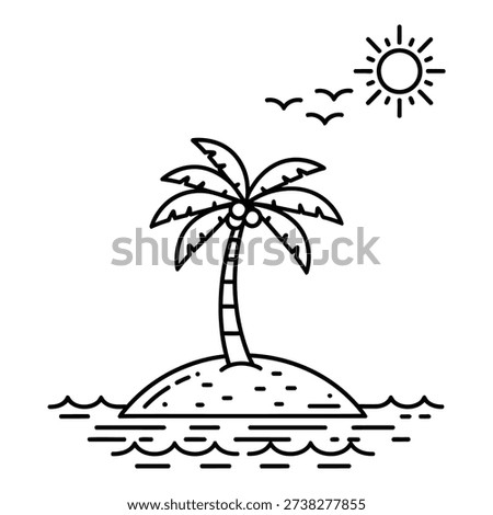 A stylized illustration shows a single palm tree growing on a small sandy island in the middle of calm ocean waves with a bright sun shining above and a few birds flying nearby