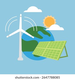 Stylized illustration shows wind turbine, earth globe, sun, clouds and solar panel on a light blue background, conveying environmental awareness and sustainability for eco-friendly themed projects.