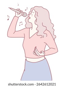 Uma ilustração estilizada mostra uma mulher cantando apaixonadamente em um microfone, transmitindo sua arte