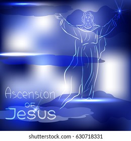 Stylized illustration of the silhouette of the ascension of; Jesus Christ. Handwritten text. Words about God. Sky and clouds.  Vector design.