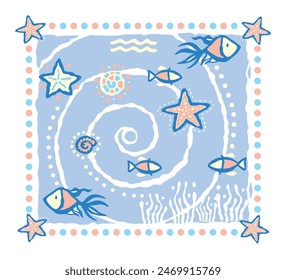 Stylized illustration with simple and delicate lines of a seabed scene.