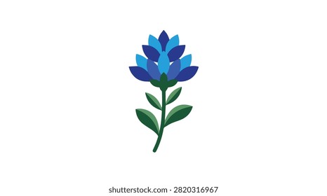 A stylized illustration of a single blue flower with green leaves and stem, isolated on a white background.
