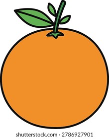A stylized illustration of a single, bright orange fruit with a green stem and two leaves at the top.