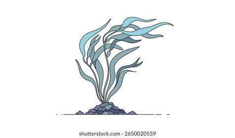 Ilustração estilizada de uma única planta de alga balançando suavemente na corrente oceânica cercada por um simples fundo marinho de rochas e areia criando uma cena aquática subaquática serena