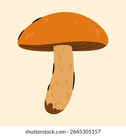 A stylized illustration of a single mushroom with a vibrant orange-brown cap and a light brown speckled stem, featuring subtle dark accents.