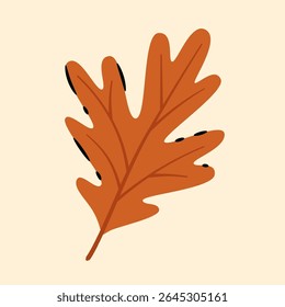 A stylized illustration of a single oak leaf in a rich, warm orange-brown hue, featuring subtle dark accents and classic lobed edges. Set against a soft, creamy background, this simple yet iconic 