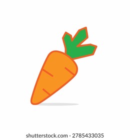 A stylized illustration of a single orange carrot with green leafy tops, presented on a white background.