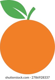 A stylized illustration of a single orange fruit with a vibrant green leaf and stem, presented in a clean, flat design.