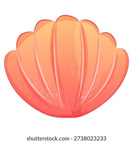 Stylized illustration of a single orange and pink scallop shell displays prominent vertical ridges and subtle white speckling on a clean white background ideal for aquatic themes.