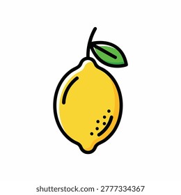 A stylized illustration of a single yellow lemon with a green leaf and stem, featuring a clean outline and vibrant colors.