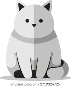 Eine stilisierte Illustration einer sitzenden Katze mit einem geteilten Farbschema, mit einer Mischung aus Weiß- und Grautönen, schwarzen Akzenten und einem subtilen Schatten darunter, wodurch ein spielerischer und moderner visueller Effekt entsteht